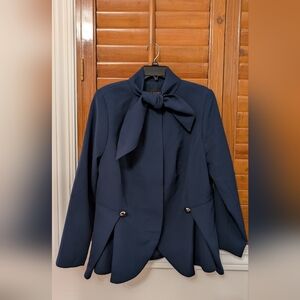 Navy Blue Tailored Blazer with Asymmetrical Bow and Concealed Closure